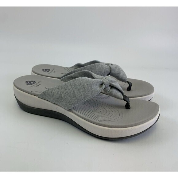 Clarks Cloudsteppers Arla Glison Thong Sandal Wedge Flip Flop Grey Fabric Size 9 - Picture 2 of 11
